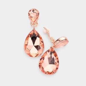 Dressy clip on 1 3/4" rose stone double teardrop dangle earrings